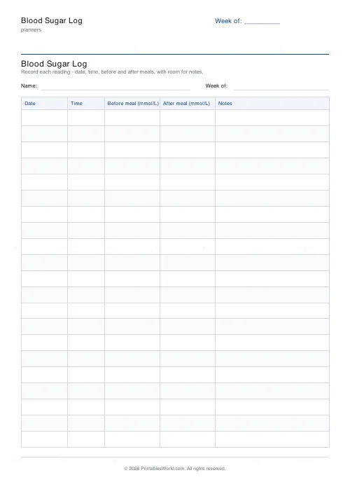 Free printable blood sugar log (21 readings), PDF download