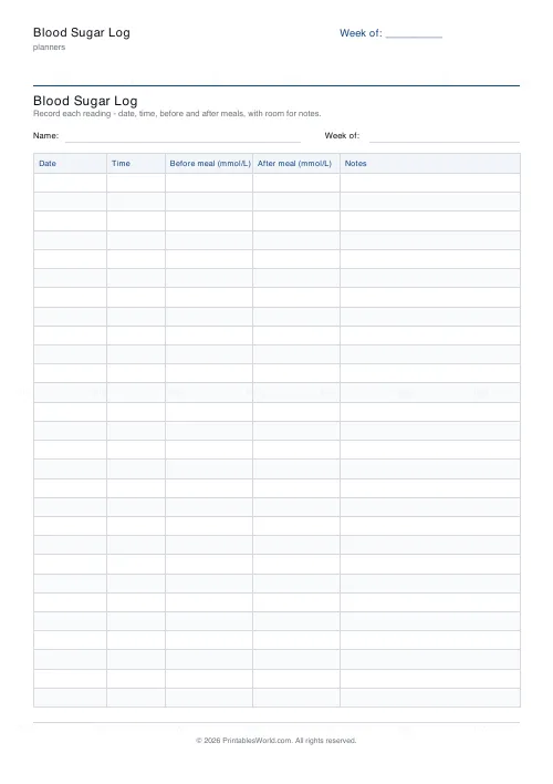 Free printable blood sugar log (28 readings), PDF download