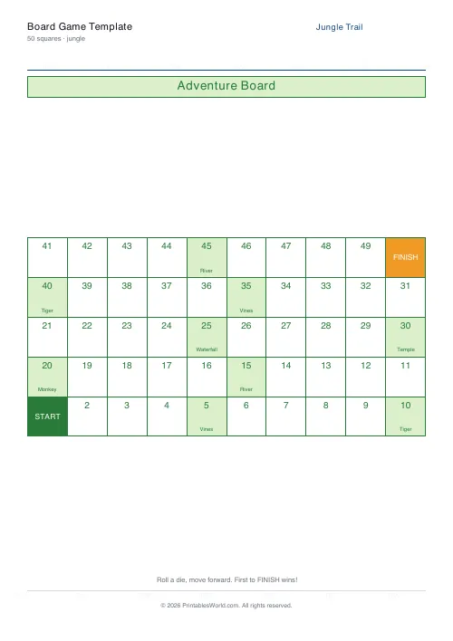 Free printable board game template — Large (50 squares) — PDF download