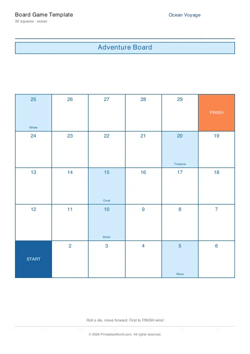 Free printable board game template — Ocean — PDF download