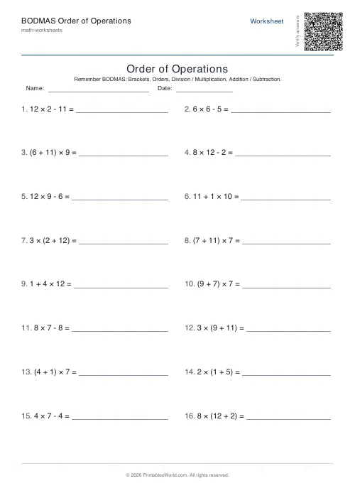 Free printable order of operationsworksheet — Up to 12, with answer key — PDF download