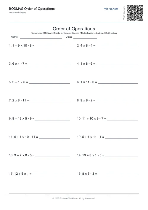 Free printable order of operationsworksheet — No brackets — PDF download