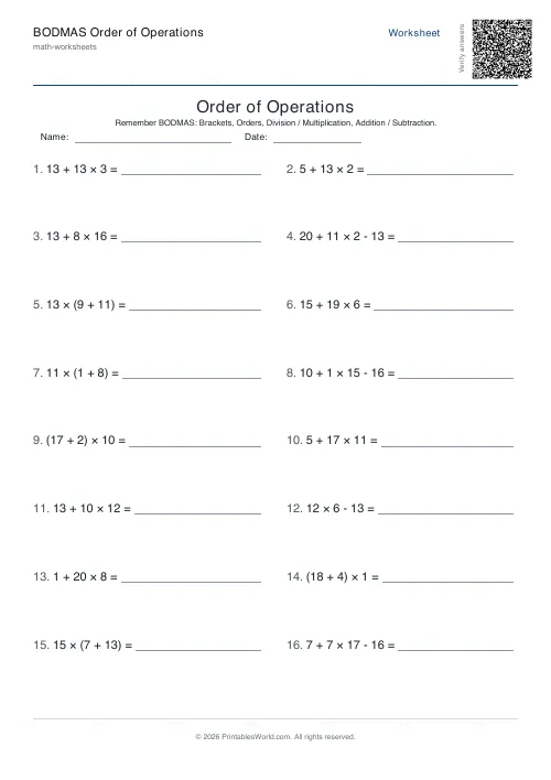 Free printable order of operationsworksheet — Up to 20 — PDF download