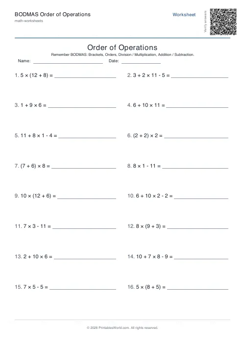 Free printable order of operationsworksheet — With brackets, with answer key — PDF download