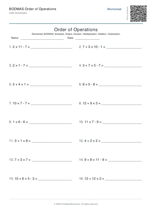 Free printable order of operationsworksheet — No brackets, with answer key — PDF download