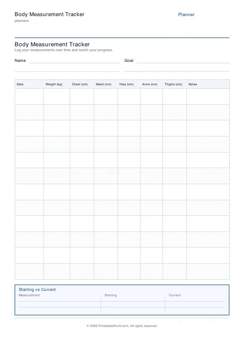 Free printable body measurement tracker — PDF download