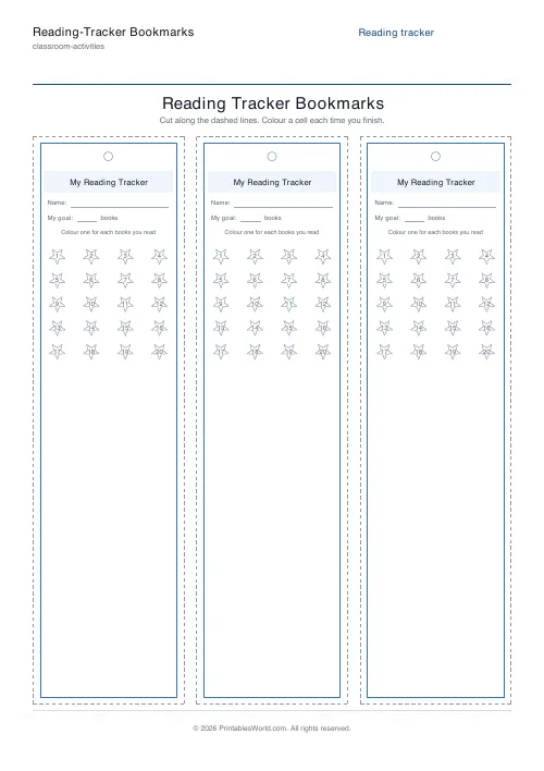Free printable reading-tracker bookmark — 20 cells — PDF download