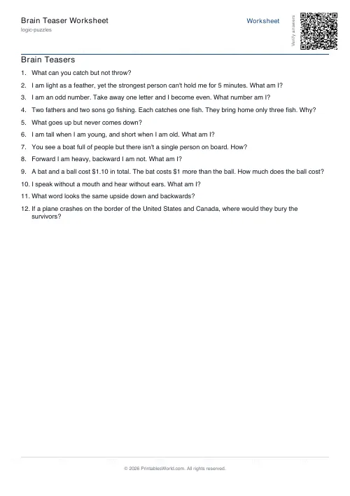 Free printable brain teaser worksheet — with answer key — PDF download