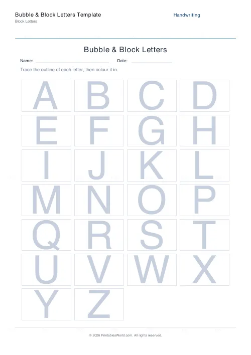 Free printable bubble & block letters (4 across), PDF download