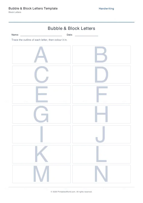 Free printable bubble & block letters (2 across (large)), PDF download