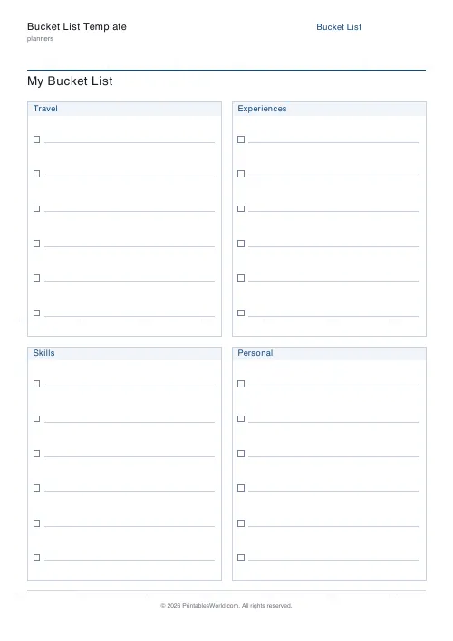 Free printable bucket list (5 per category), PDF download
