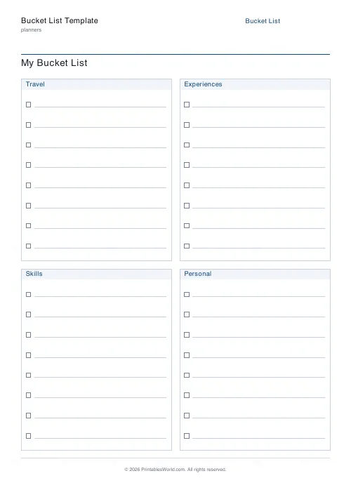 Free printable bucket list (8 per category), PDF download