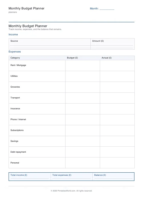 Free printable budget planner — Pounds (GBP) — PDF download