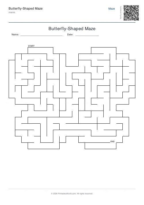 Free printable butterfly maze (20, with answer key), PDF download