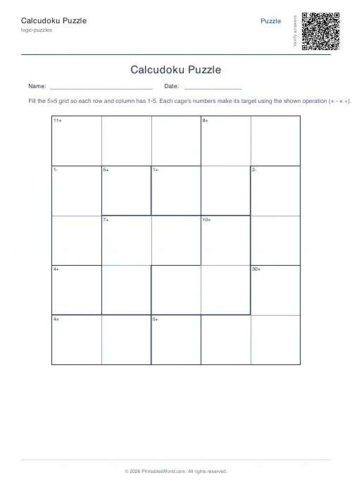 Free printable calcudoku puzzle (Easy), PDF download