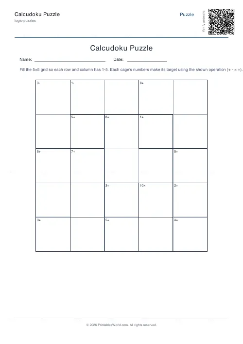 Free printable calcudoku puzzle (5x5, with answer key), PDF download