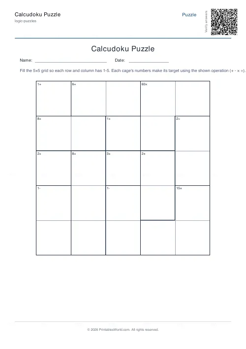 Free printable calcudoku puzzle (Medium), PDF download