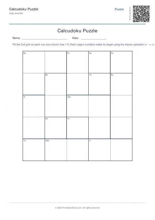 Free printable calcudoku puzzle (Hard), PDF download
