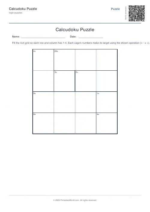 Free printable calcudoku puzzle (4x4), PDF download