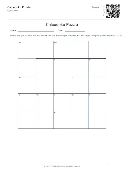 Free printable calcudoku puzzle (5x5), PDF download