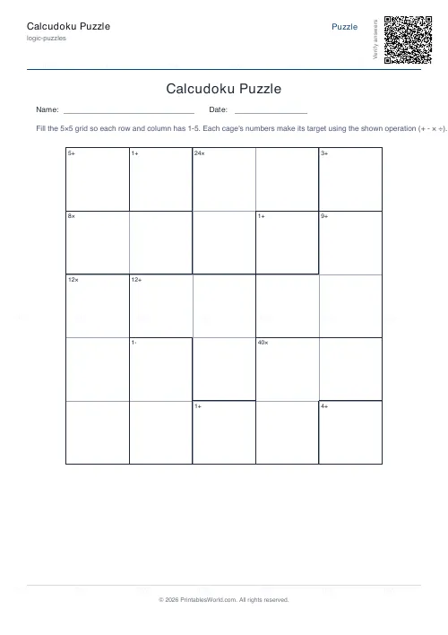 Free printable calcudoku puzzle (Easy, with answer key), PDF download