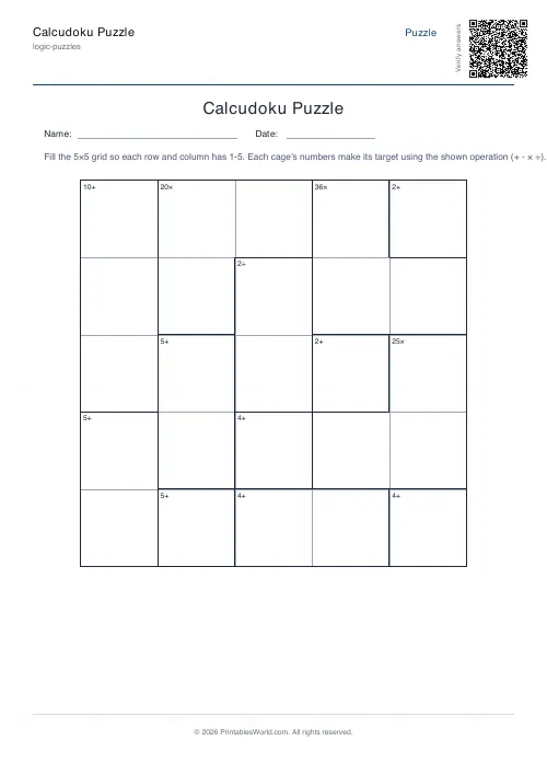 Free printable calcudoku puzzle (Medium, with answer key), PDF download