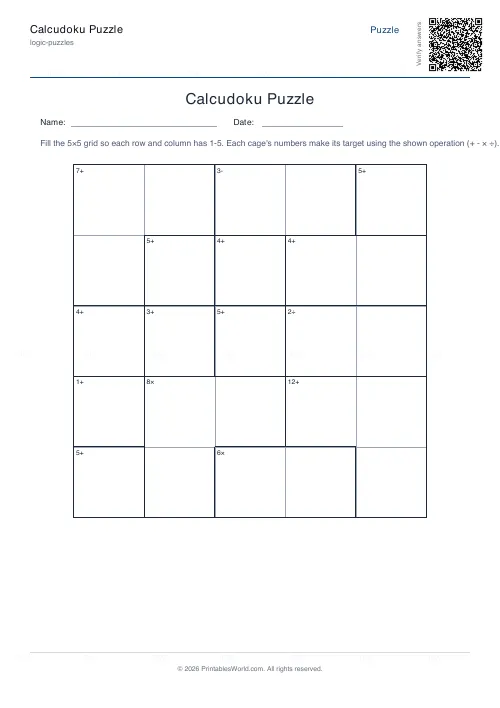 Free printable calcudoku puzzle (Hard, with answer key), PDF download