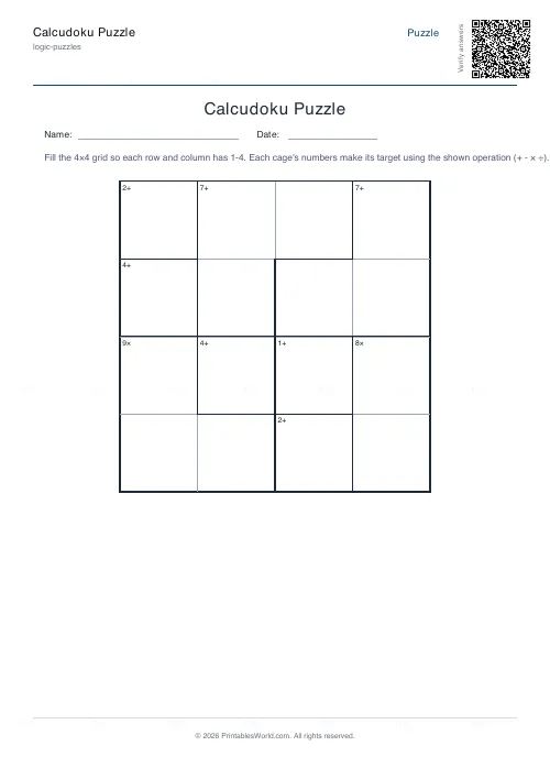 Free printable calcudoku puzzle (4x4, with answer key), PDF download