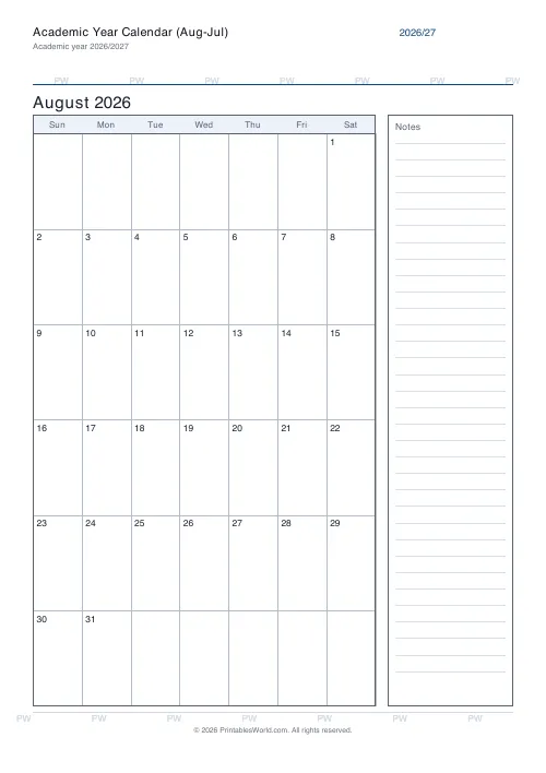 Free printable academic year calendar — Sunday start — PDF download