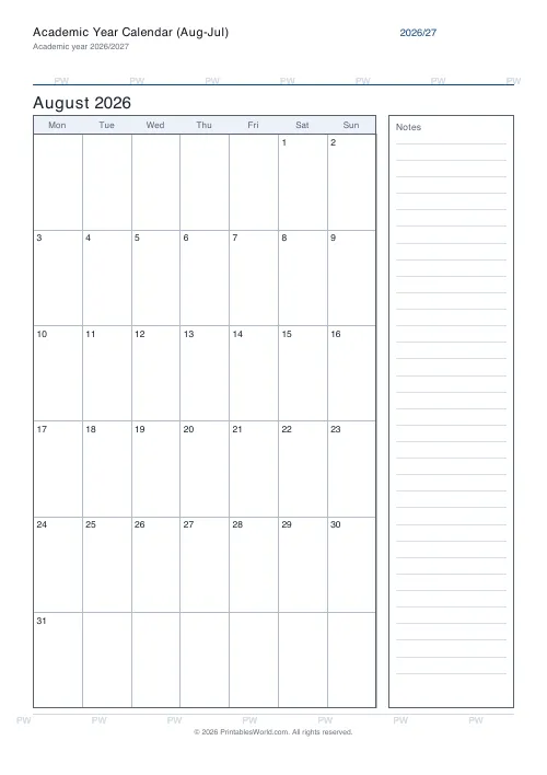 Free printable academic year calendar — With notes — PDF download