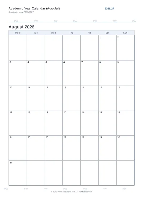 Free printable academic year calendar — No notes — PDF download