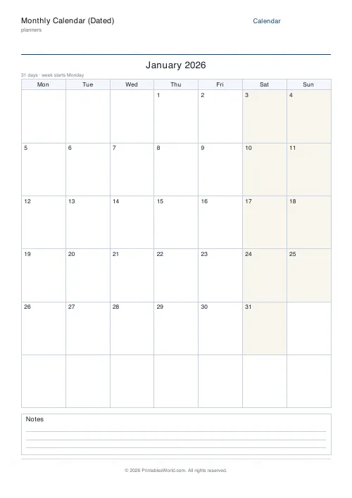 Free printable dated monthly calendar — January — PDF download