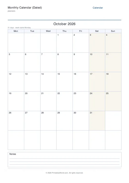 Free printable dated monthly calendar — October — PDF download