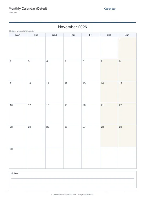 Free printable dated monthly calendar — November — PDF download
