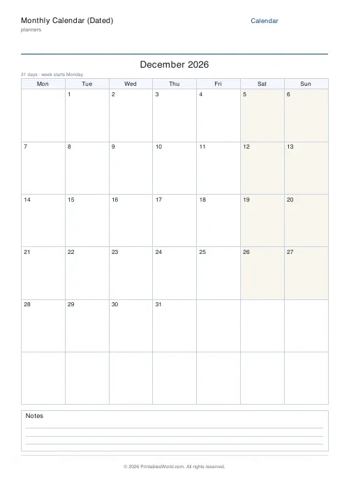Free printable dated monthly calendar — December — PDF download