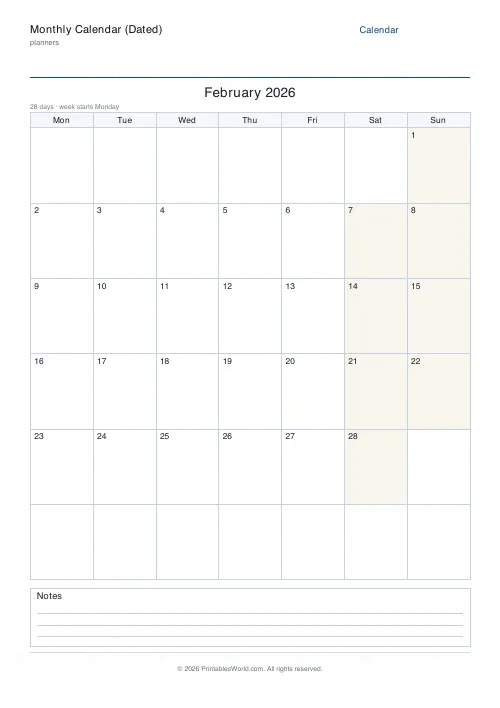 Free printable dated monthly calendar — February — PDF download