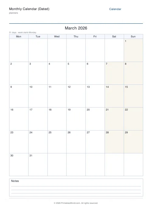 Free printable dated monthly calendar — March — PDF download