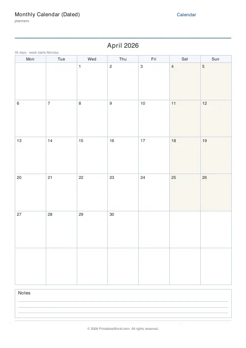 Free printable dated monthly calendar — April — PDF download
