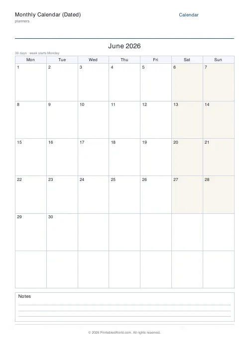 Free printable dated monthly calendar — June — PDF download