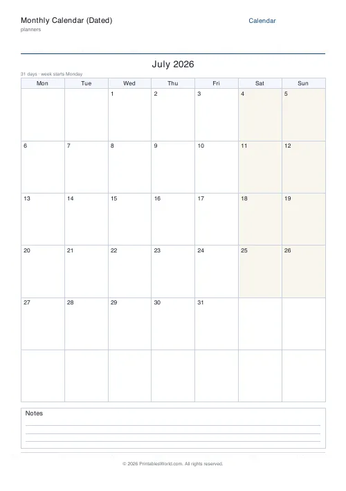 Free printable dated monthly calendar — July — PDF download