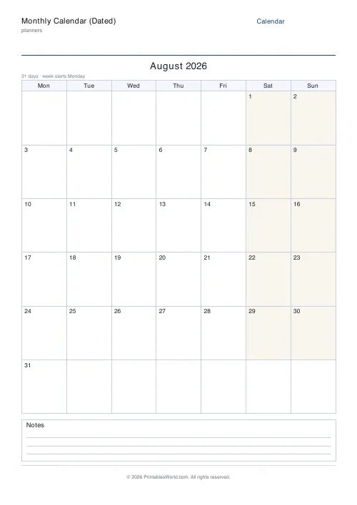 Free printable dated monthly calendar — August — PDF download