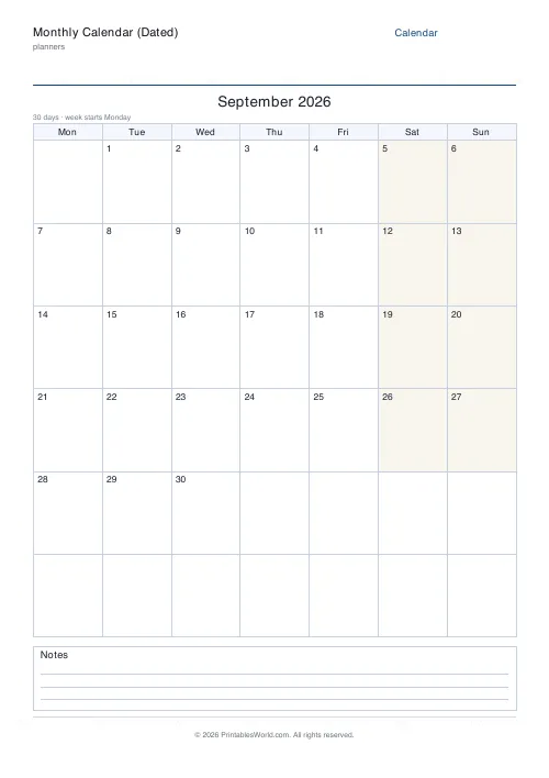 Free printable dated monthly calendar — September — PDF download