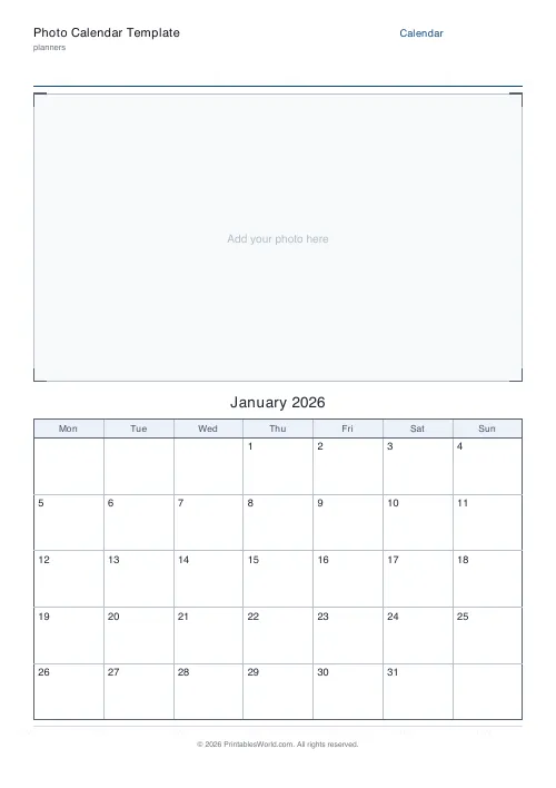 Free printable photo calendar template — January — PDF download