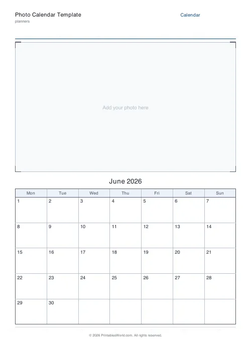 Free printable photo calendar template — June — PDF download