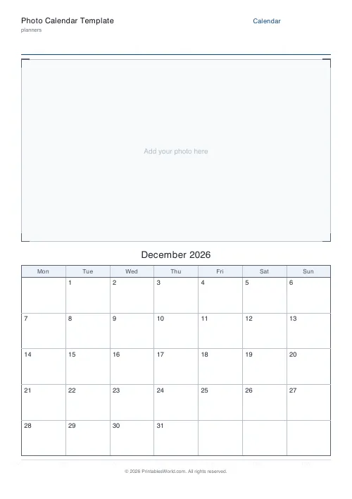 Free printable photo calendar template — December — PDF download