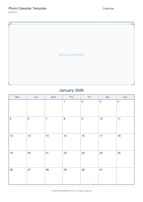 Free printable photo calendar template — Smaller photo — PDF download