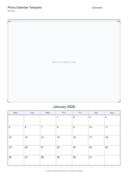 Free printable photo calendar template — Larger photo — PDF download