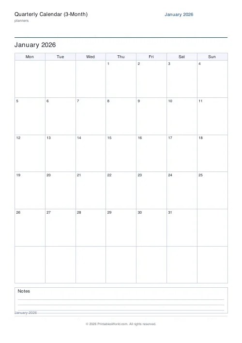 Free printable dated quarterly calendar — Q1 (Jan-Mar) — PDF download