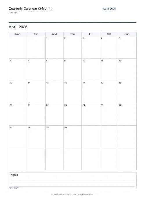 Free printable dated quarterly calendar — Q2 (Apr-Jun) — PDF download