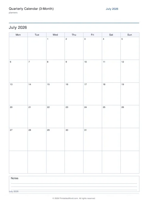 Free printable dated quarterly calendar — Q3 (Jul-Sep) — PDF download